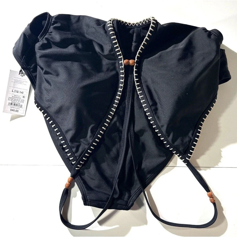 Shade & Shore Black Plunge One-Piece Swimsuit Beaded High-Leg Cut Size L 12-14